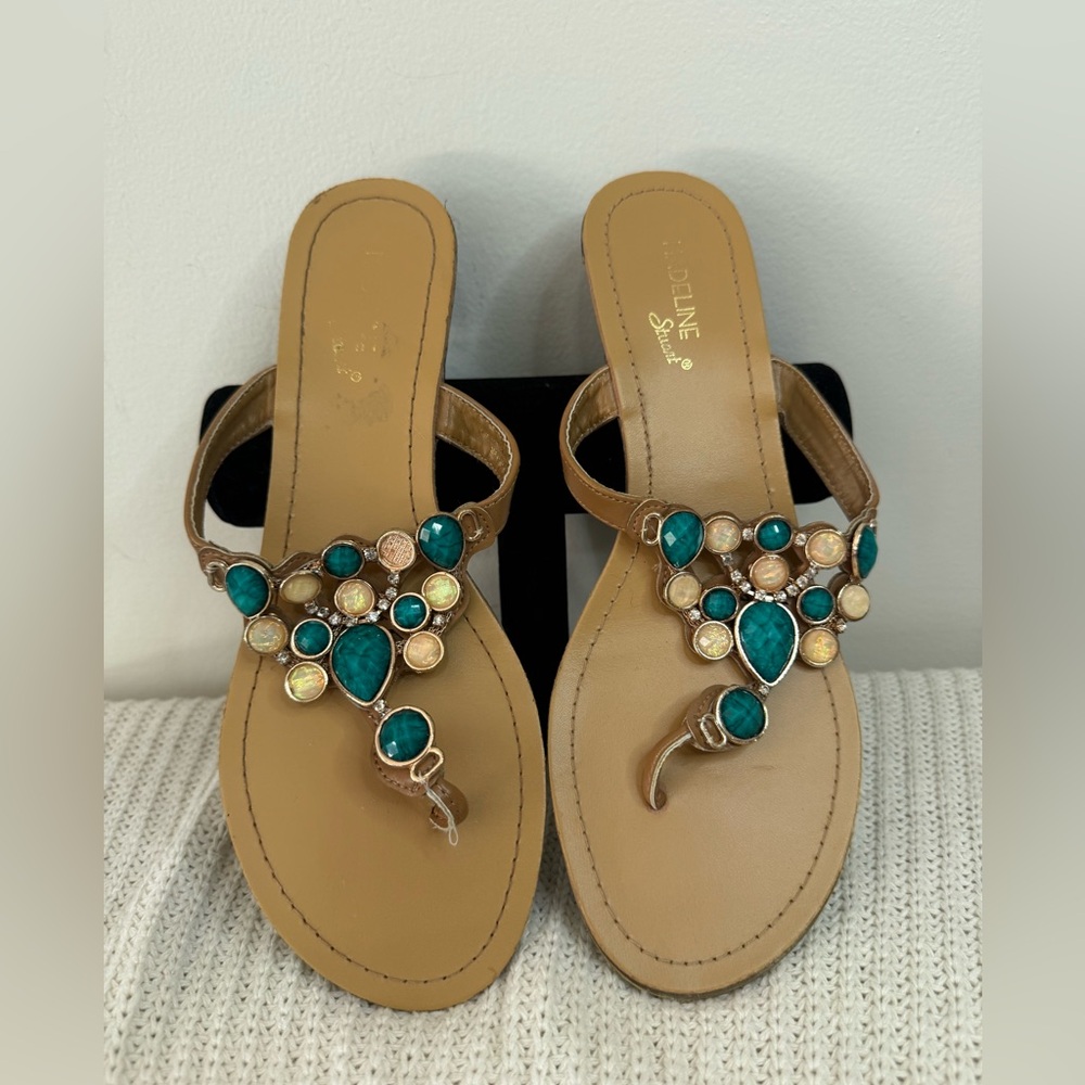 Madeline Stuart  Tan Thong Sandals with Teal and Gold Gem Detail in size 9